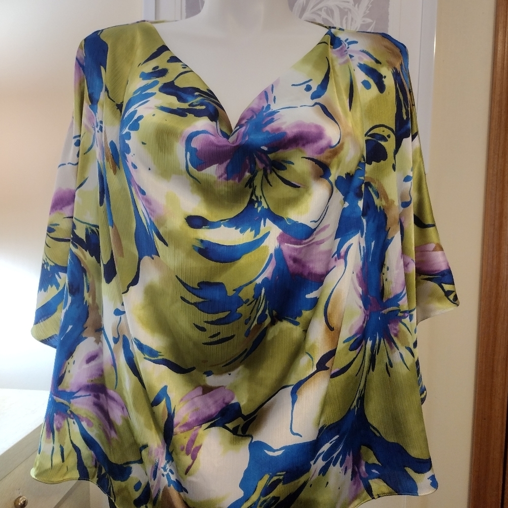 "j"Jones New York 1X Chartreuse, Royal Blue, Orchid, Cowl, Hi-Low Caftan Blouse